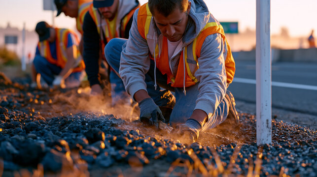 Road construction crew installing highway milestone marker at foggy sunrise, group dynamic of laborers in safety vests anchoring signpost into gravel shoulder, early morning mist rising from asphalt