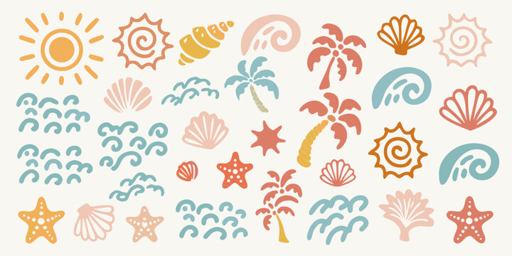Beach Elements Illustration Sun Shells Palm Trees And Waves Pattern
