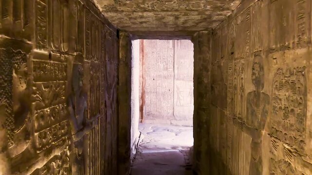 Beautiful bas-reliefs and ancient hieroglyphs from the Dendera Temple Complex, Qena, Egypt.