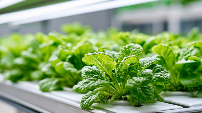 Hydroponic farming with automated watering systems for sustainable food production, indoor vertical farming technology concept, defocused background, with copy space