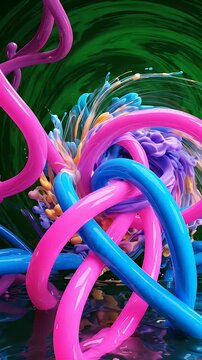 Vibrant Abstract Swirling Colors - A dynamic 3D abstract visualization featuring vibrant pink and blue squiggly lines intertwined with splashes of colorful liquid.