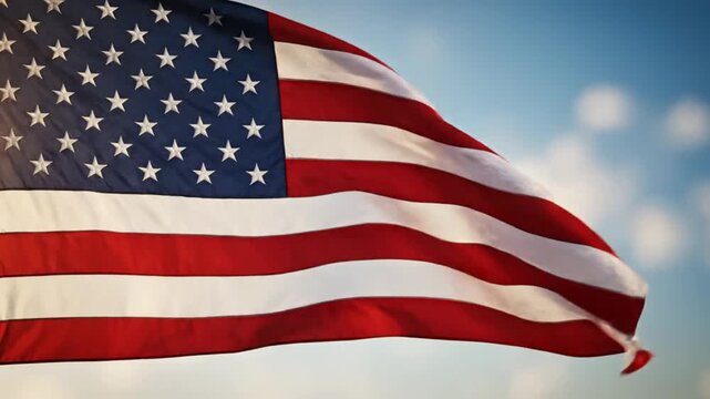 Waving american flag in clear blue sky patriotic symbolism outdoor photography daytime close-up perspective freedom concept