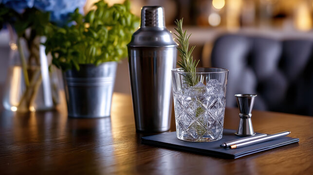 Crystal glass cocktail shaker jigger rosemary ice pen notebook bar wooden table plant elegant atmosphere