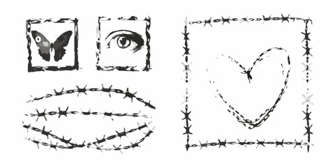 Barbed Wire Butterfly And Eye Illustrations In Black And White © BidhanChandra