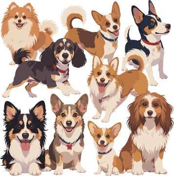 Group of Cute Cartoon Dogs Poses