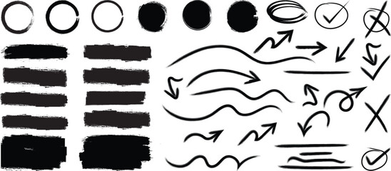 Hand drawn marker doodle set featuring sketch arrows, brush strokes, circles, check marks, and abstract annotation elements in black ink style. vector illustrator © Emon Stock