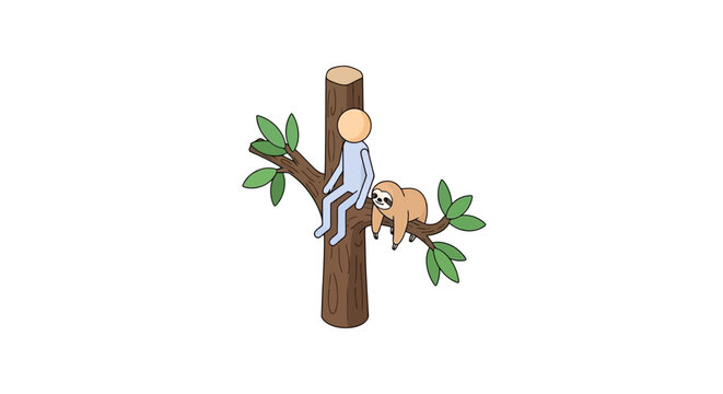 Cartoon sloth and monkey hanging on tree branch together.