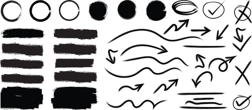 Hand drawn marker doodle set featuring sketch arrows, brush strokes, circles, check marks, and abstract annotation elements in black ink style. vector illustrator