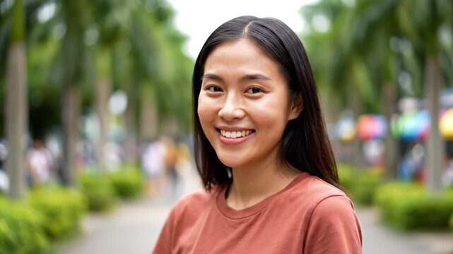 Joyful smiling woman in urban park portrait photography lively environment natural setting front view happiness concept for seo impact