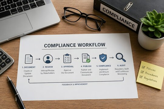 A compliance workflow diagram on a desk for the concept of business process and management.