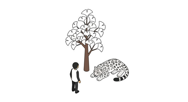 Curious child observing leopard under decorative tree illustration.