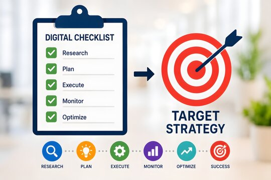 Digital checklist with target strategy for business concept.