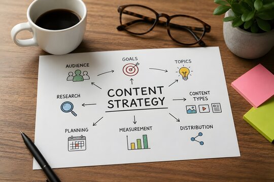 Content strategy infographic on a desk with coffee and glasses for the concept of marketing and planning.