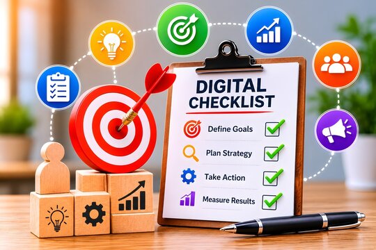 Digital checklist for setting goals and measuring results for the concept of business strategy.