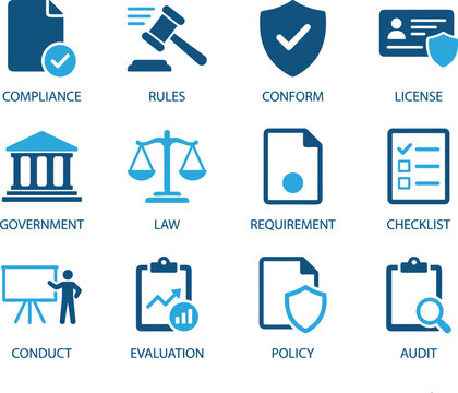 Compliance and law icon set, 12 blue business regulation symbols, legal government and policy vector icons for corporate audit and evaluation