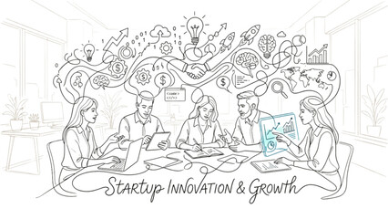 Fototapeta premium Startup Innovation Network – Continuous One Line Modern Business Concept Illustration