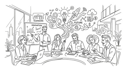 Naklejka premium Startup Innovation Network – Continuous One Line Modern Business Concept Illustration