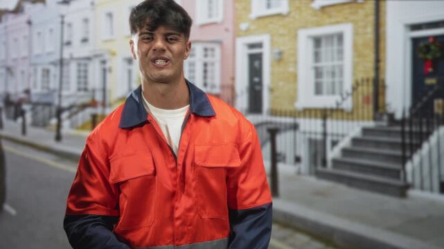 Man in orange safety jacket smiling and gesturing with hands on a residential street in front of row houses; friendly confidence.