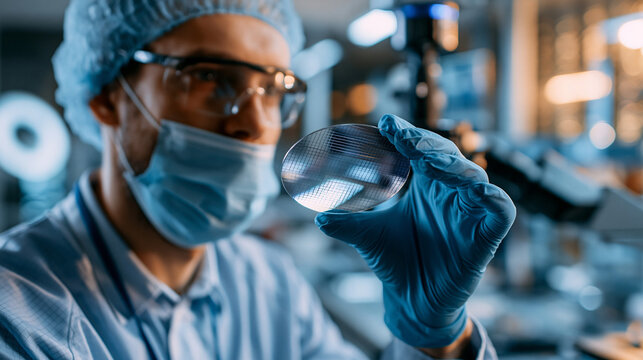 A European worker viewed from the side wears soft protective clothing holding a bright silicon wafer in a calm semiconductor factory in soft daylight silicon wafer faceless side