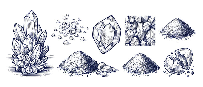 Crystal mineral sketch vector set of hand drawn geological specimens, engraving elements of quartz cluster, sea salt heaps, cracked rock stone and precious gemstones isolated on plain white backdrops.