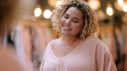 Obraz premium Lifestyle medium shot of a diverse plussize woman beaming at her reflection in a chic boutique dressing room with cozy lighting and blurred clothing racks enhancing the intimate