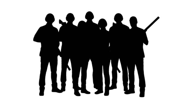 Black silhouette of group of men with guns