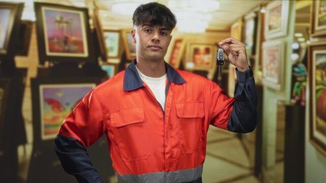Man mechanic in orange uniform holds car keys with raised hand in gallery building; pride responsibility.