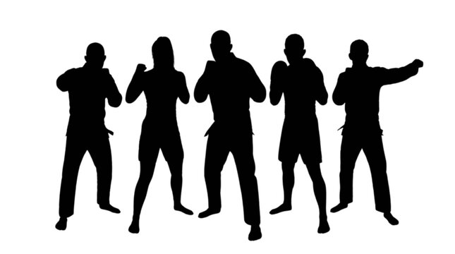Black silhouettes of people boxing and fighting