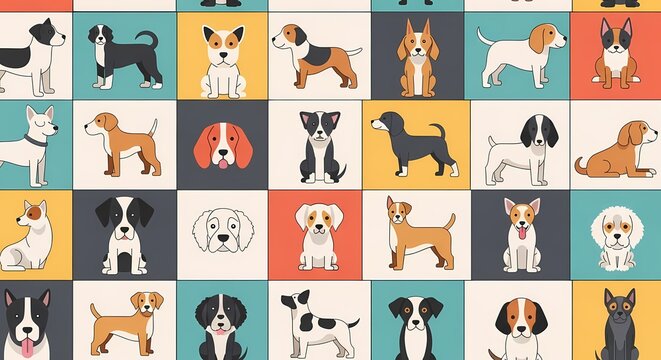 Diverse dog breeds mosaic, cute cartoon animal illustration, colorful pet pattern