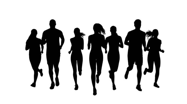 Black silhouettes of people running together