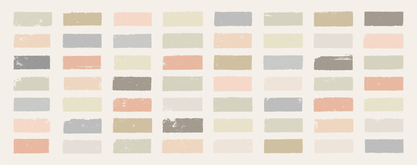 Fototapeta na wymiar Dusty paint brush swatches. Vector color brushstrokes set. Grungy splashes. Pale smears. Grunge ink label bg. Abstract frame highlights kit. Muted color gouache smudges. Watercolor daubs graphic pack