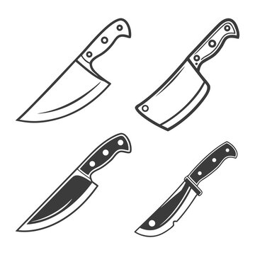 Set of four professional kitchen knife silhouettes featuring cleaver chef knife and hunting blade styles in black and white minimalist vector designs