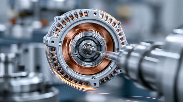 Industrial medium shot capturing offroad alternator production with reinforced components being balanced dynamically emphasizing durability and rugged design features.