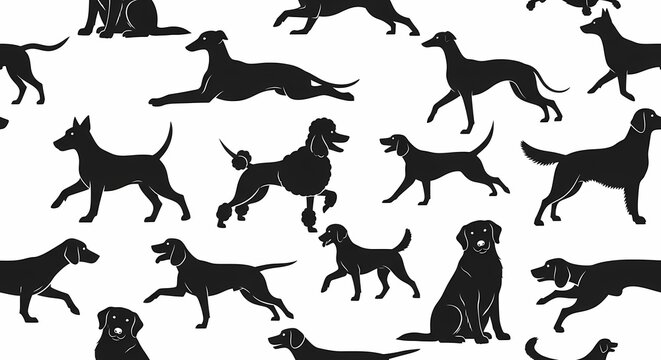 Diverse dog breeds silhouettes seamless pattern, playful pets illustration