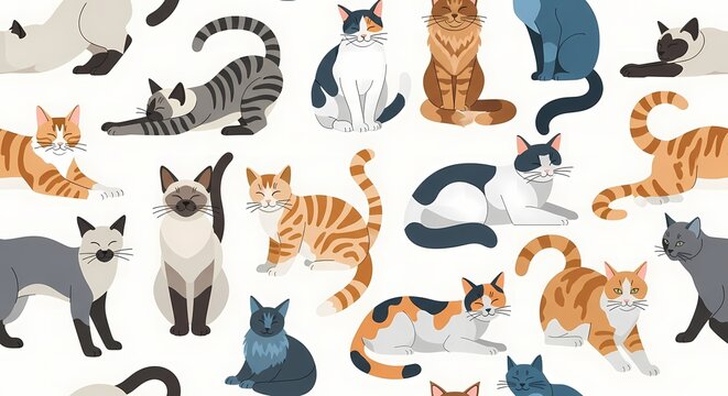 Cute Cat Collection - Diverse Feline Poses and Patterns on White Background