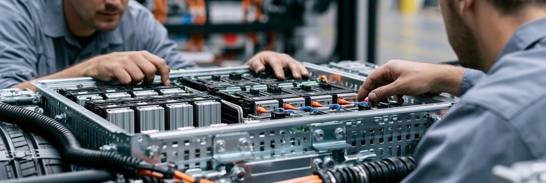 Engineers performing maintenance on a serviceable highvoltage junction box demonstrating accessibility and modular components vital for EV power system reliability.