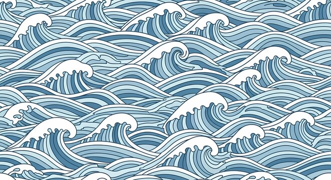 Stylized Ocean Waves Seamless Pattern - Blue Water Background
