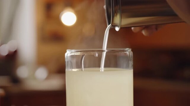 Slow motion close up handheld of hand pouring milk from metal pitcher into glass on kitchen countertop during morning routine
