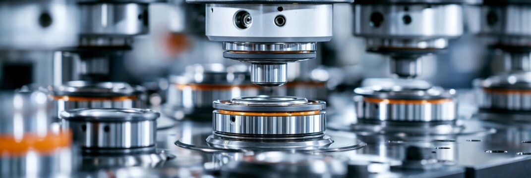 Medium shot of a robotassisted ball joint assembly line pressing housings bearings and studs with precision showcasing automated manufacturing efficiency and technology
