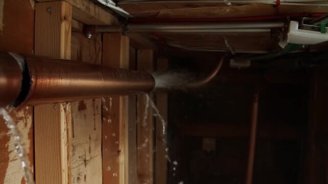 Slow motion tracking shot of copper pipe bursting and spraying water under basement ceiling joists during indoor plumbing failure