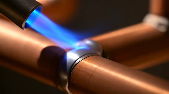 Tracking slow motion close up of plumber soldering copper pipe joint with blue torch flame in workshop bench indoor repair scene