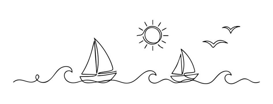Continuous one line drawing of two sailboats on wavy ocean water beneath a shining sun with flying birds
