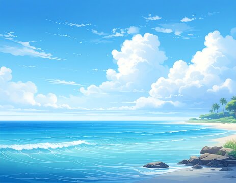 Cartoon-style coastal scene, featuring ocean waves gently rolling onto a sandy shore beneath a bright, sunny blue sky with puffy white clouds