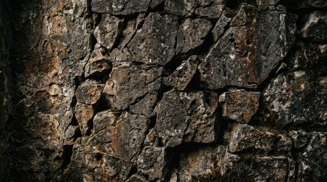 A close-up view of a rugged rocky wall with natural cracks