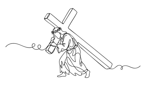 Jesus Christ wearing a crown of thorns while carrying a heavy wooden cross, line art style. vector illustration