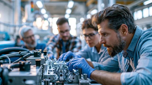 A European engineer team viewed from above services softly a bright plastic injection mold in a calm die casting factory in soft daylight plastic injection faceless top view