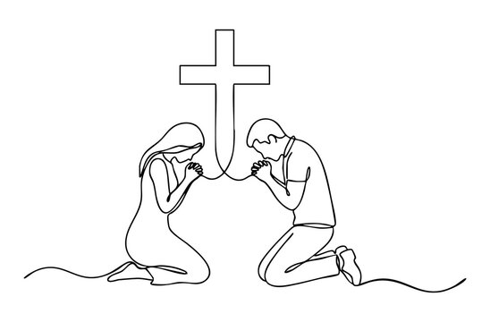 Man and woman kneeling in prayer before a Christian cross, continuous line art style. vector illustration