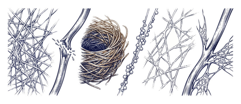 Microscopic fiber types illustration showing synthetic polymer structures, fractured hair shaft, nano web mesh, and beaded textures in vintage engraving style for science and textile material analysis