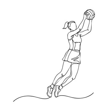 One line art of female netball player jumping to catch a ball