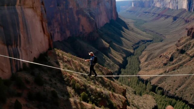 Tracking shot of highliner walking and balancing on slackline across desert canyon cliffs during sunny afternoon